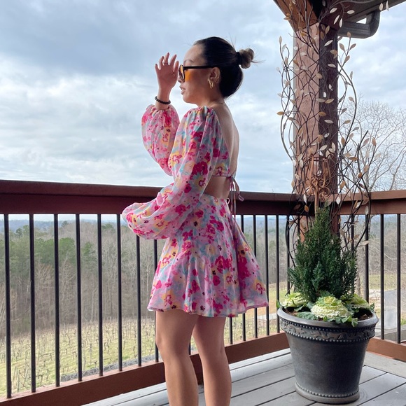 Showpo Frederica Tie Back Long Sleeve Mini Dress in Pink Panther | Size - US 2 - Picture 5 of 7